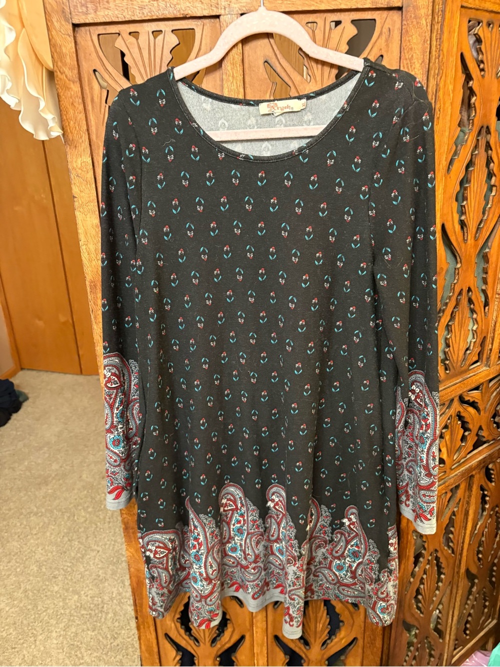 Women's Black Paisley Border Long Sleeve Tunic Dress